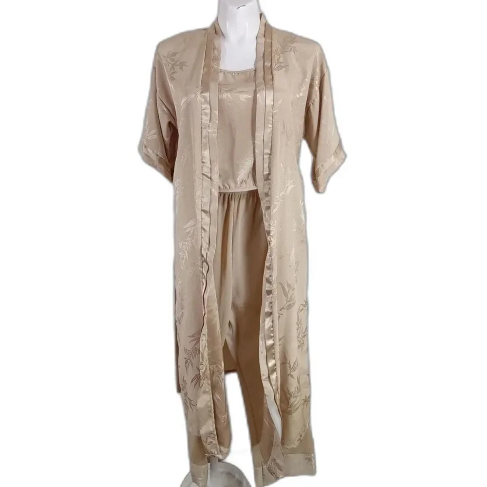 Petra Fashions 4 pc Night Pant Lounge Wear Robe‎ Belt Gold Floral Size L